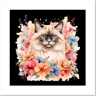 A birman cat decorated with beautiful watercolor flowers Posters and Art